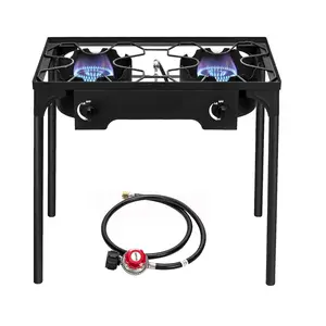 2 Burner Outdoor Portable Propane Stove Gas Cooker, Heavy Duty Iron Cast Patio Burner with Detachable Stand Legs for Camp Cooking (2-Burner 150,000-BTU) high pressure Camping Supplies Camping Gear