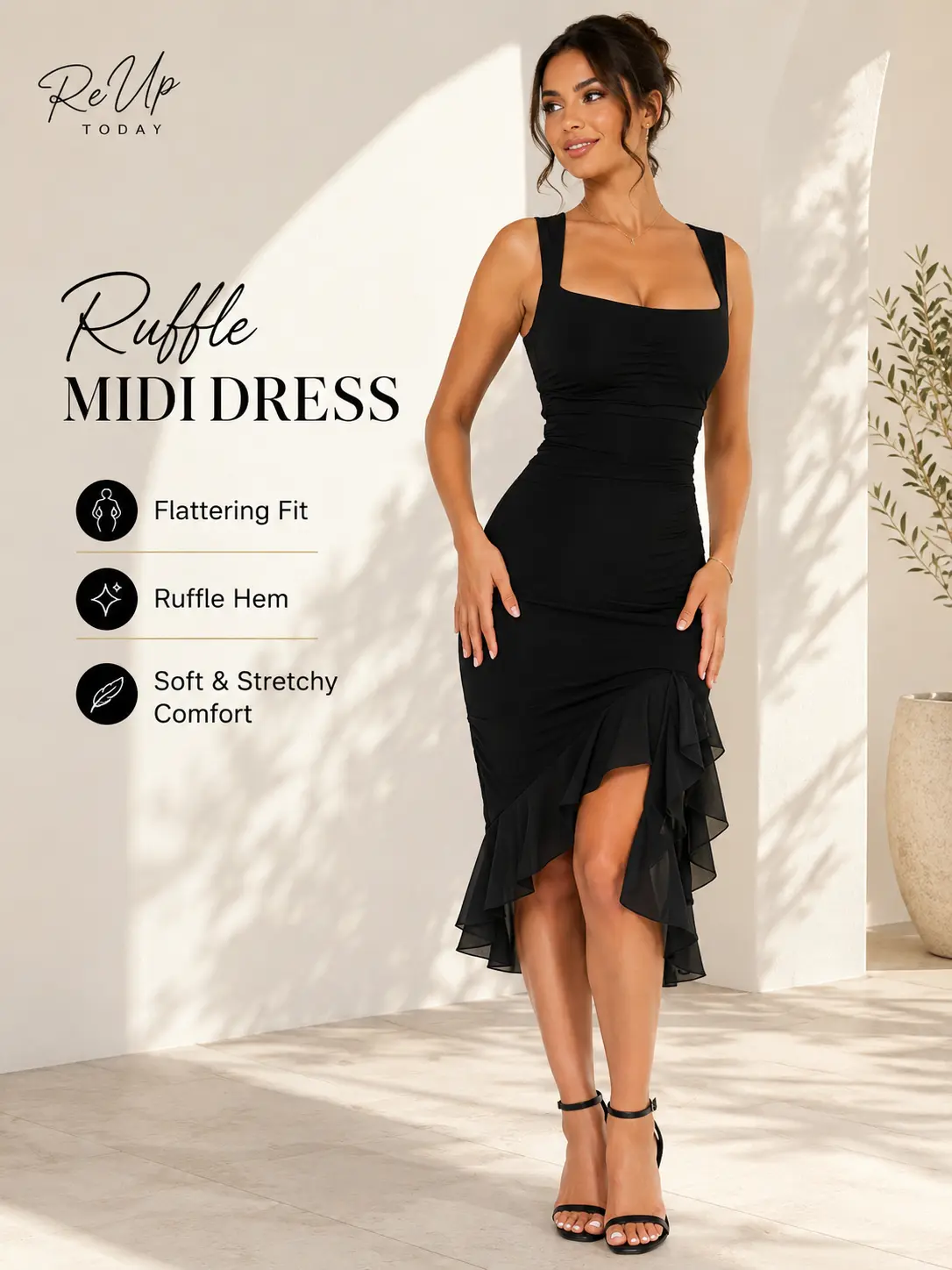 Women's Elegant Ruched Ruffle Hem Midi Dress Square Neck Bodycon Cocktail Party Wedding Guest Date Night Dress