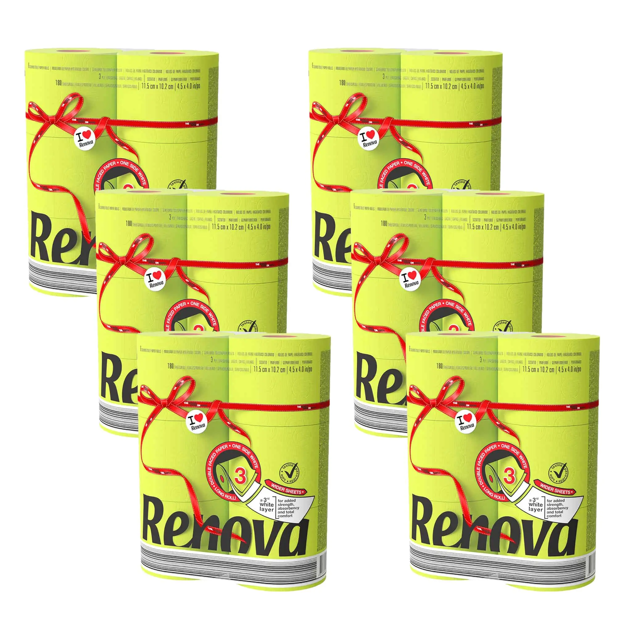 Renova 36 Lime Green Toilet Paper Jumbo Rolls - 6 Packs of 6 loo - 180 Sheets Each - 3 Ply - EMAS & Ecolabel Certified - Dermatologically & Gynecologically Tested - Elevate Your Restroom with Sustainable Luxury - Soft, Strong & Sustainable