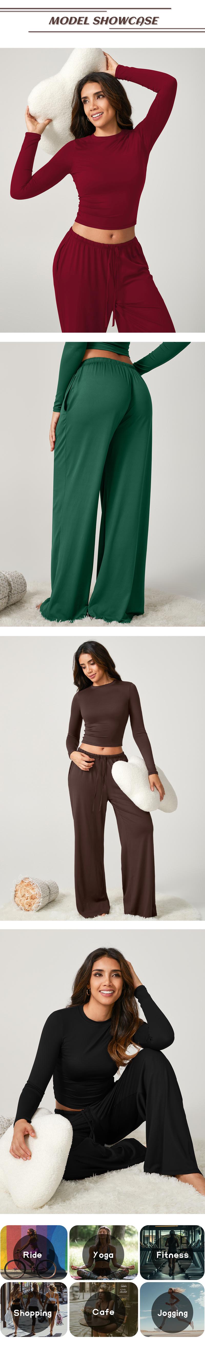 TimeOFF Women's 2-Piece Activewear Set Long-Sleeve Crop Top & Wide-Leg Pants Stretchy Fabric for Yoga Leisure Daily Active Scenarios Workout Running Clothes