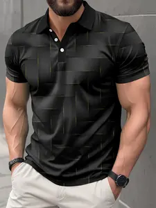 Men's Geometric Print Short Sleeve Polo Shirt, Polo Gift, Stylish Streetwear Collared, Casual Fitted Design, Perfect for Daily Wear & Outdoor Activities