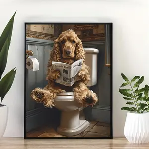 Cocker Spaniel on Toilet Wall Art, 1pc 12x16" Unframed Canvas Print, Funny Dog Reading Newspaper, Bathroom Decor, Digital Download, Cocker Spaniel Gifts, Wall Hanging Artwork for Home, Bedroom, Kitchen, Living Room, Cafe, Office