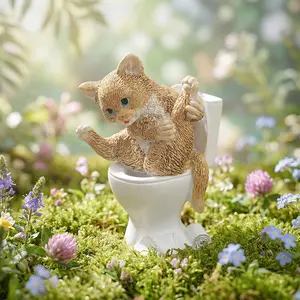 Cute Cartoon Cat Toilet Decoration Figurine, Resin Hand-Painted Garden Miniature Ornament, Bathroom Decor Accessory for Potted Plants