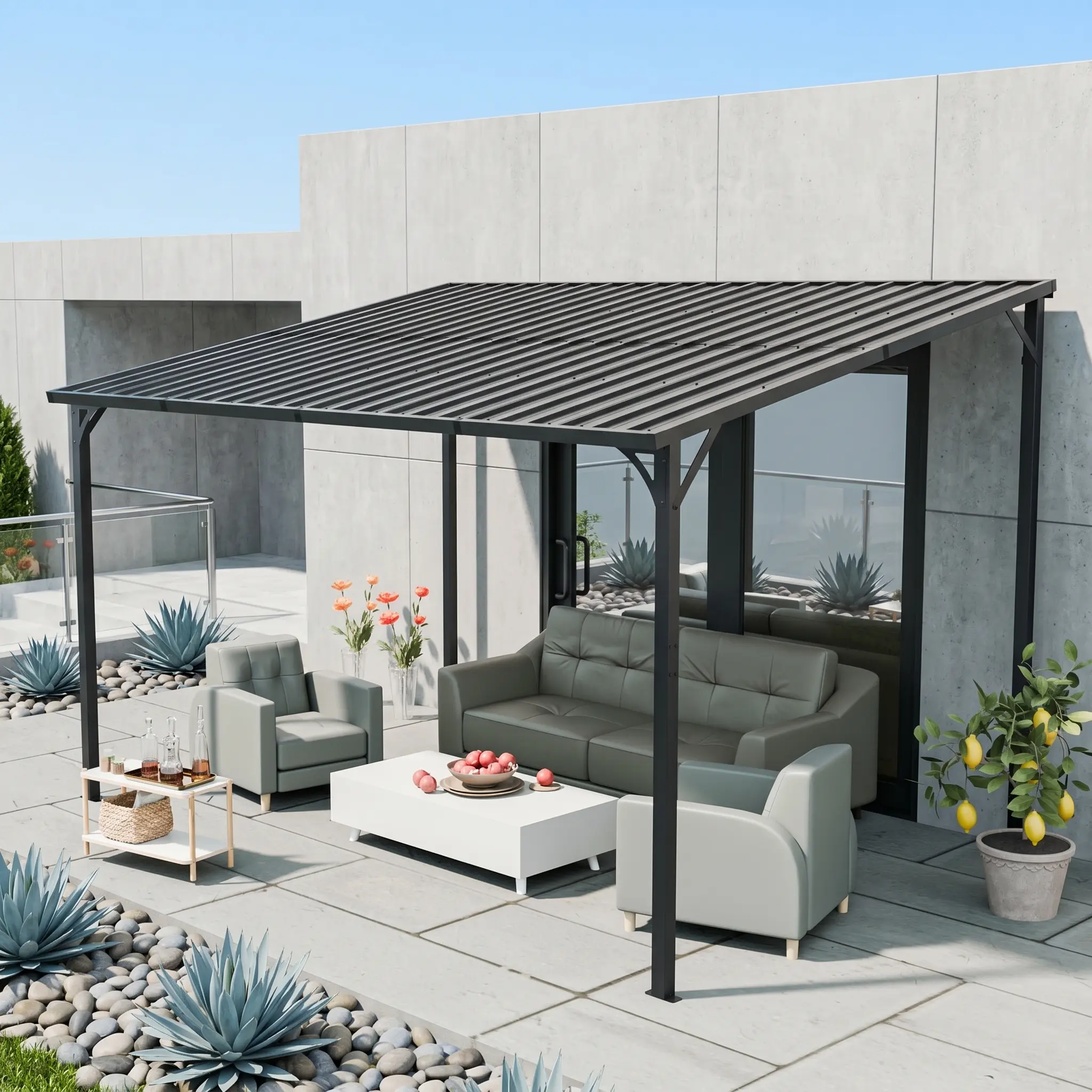 Waterproof Outdoor Pergola, Metal Inclined Roof Gazebo, Wall-Mounted Iron Sheet Shed for Patio, Garden & Yard