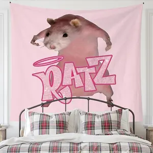 Funny Tapestry - Polyester Wall Mural, Cartoon Mouse and Letter Print, Pink Home Living Room Wall Hanging Decoration,summerwins