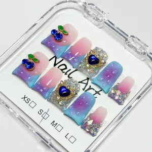 vosplends 10PCS Handmade Dreamy-Purple 3D flower,y2k  duckbill nails，acrylic press on nails，reusable nails，vampire jawns nails Pink Gradient Sparkling Nails#Valentine's Day