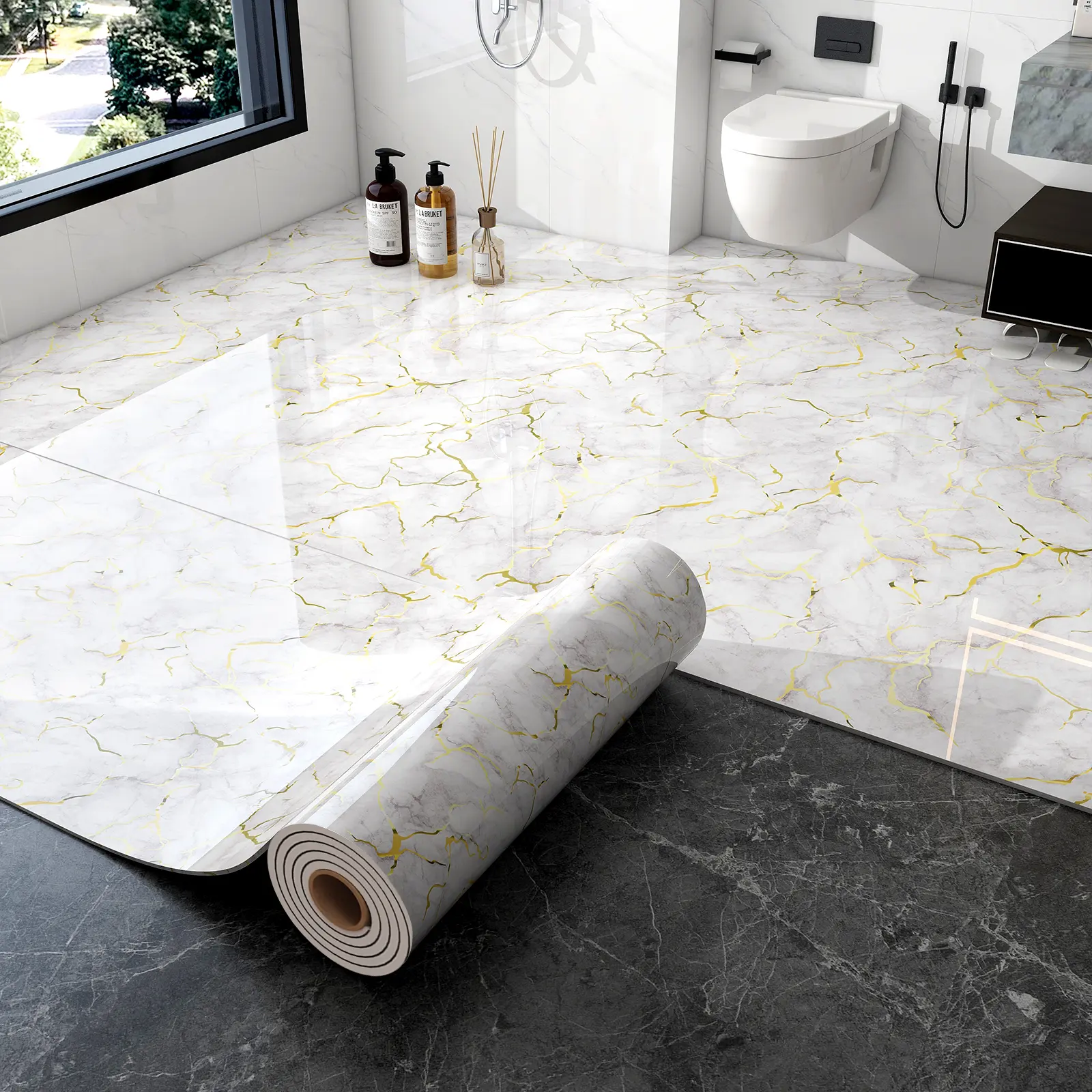 Self-Adhesive Waterproof Bathroom Tile Wall Stickers, Moisture Resistant & Moldproof, Thickened Marble Wallpaper Roll for TV Background Decoration, Marble Pattern Wallpaper, Decorative Wallpaper, Bathroom Wallpaper Peel and Stick