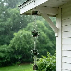 Creative Teacups Rain Chains Rainwater Set 37inch, Not Rust Wrought Iron Metal, 3 Cups, 1 Hook, Adjustable Length, Garden Decorative
