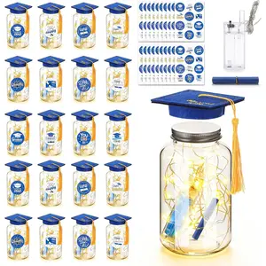 20 Sets 2026 Graduation Table Decoration with LED Lights, Mason Jar Graduation Centerpieces for Tables with Class of 2026 Felt Cap, Paper Roll, Stickers, College High School Grad Party Gifts(Blue)