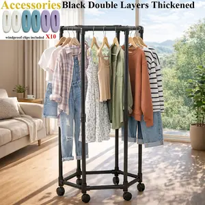Space-saving hexagonal coat rack - sturdy metal floor-to-ceiling vertical coat rack with multiple rods for bedrooms, dorms, and balconies that can hold multiple items of clothing, dorm room furniture hangers