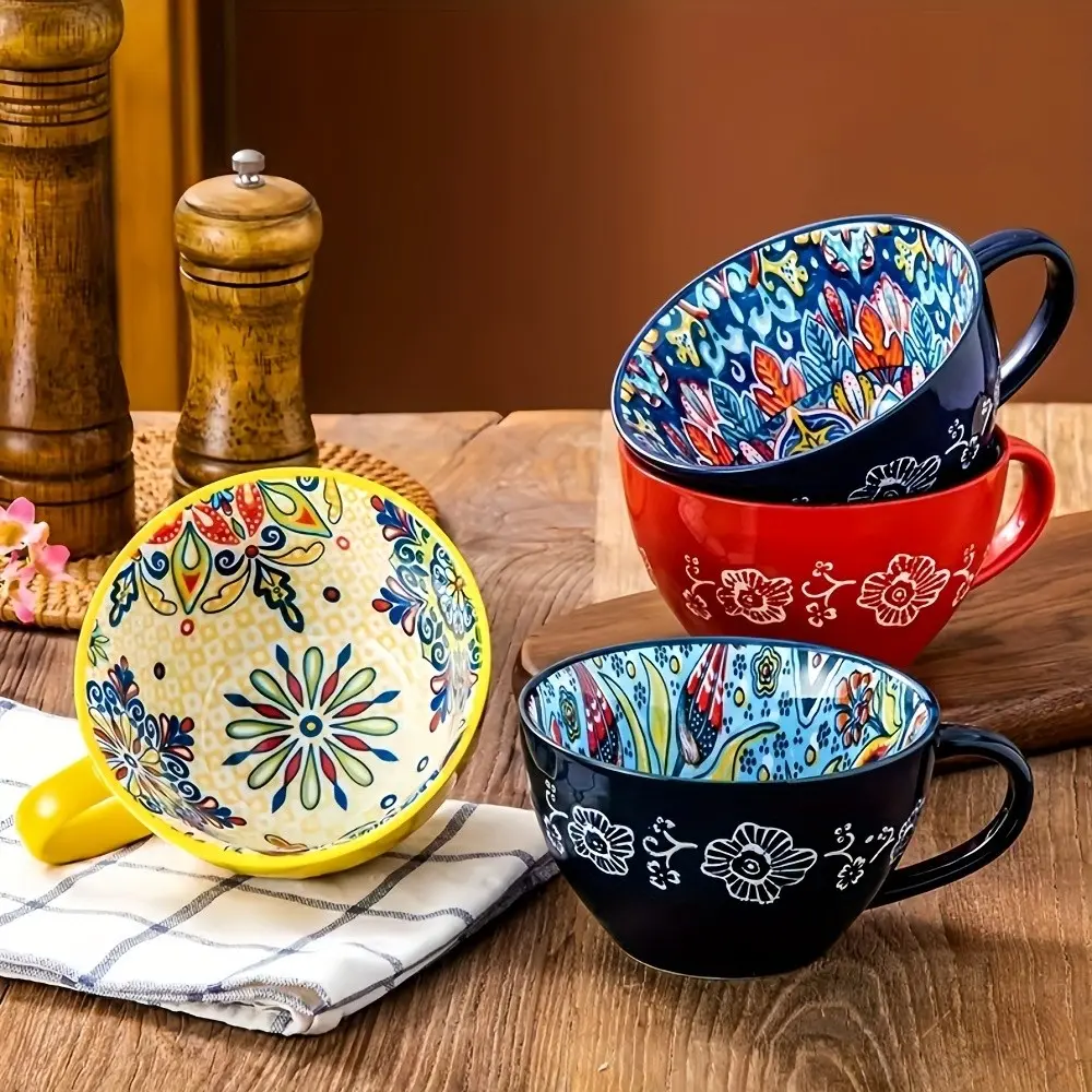 Bohemian-Style Ceramic Breakfast Mug with Embossed Craftsmanship, Vintage 13.5-Ounce Coffee Cup for Oatmeal or Milk, Stackable Mugs Kitchen Drinkware