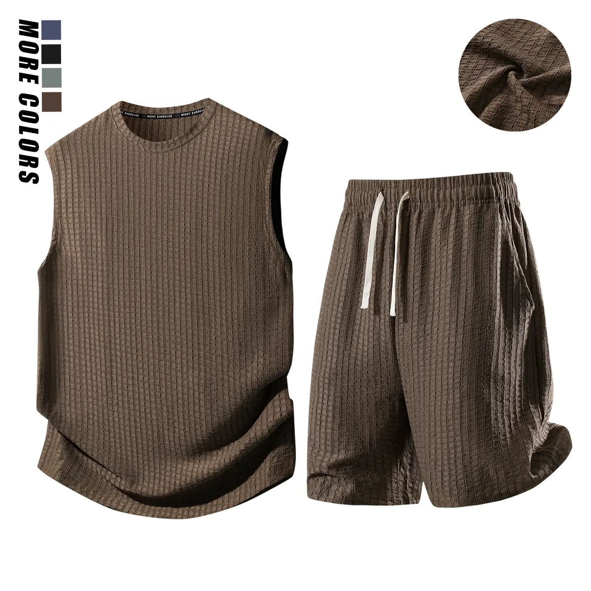 Men's 2-Piece Plain Waffle Knit Sports Clothing Set - Sleeveless Round Neck Tank Top, Elastic Waist Drawstring Casual Shorts, Breathable Comfortable Summer Apparel for Workout, Daily Wear, Two Piece Set,travel essentials,camping essentials