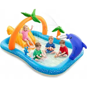 Inflatable Play Center, Kiddie Pool with Slide & Sprinkler – 95"x75"x40" Outdoor Blow-Up Splash Pad Pools for Toddlers Ages 2+, Backyard Kids Water Slide for Summer Fun