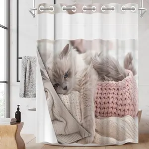 1pc hookless shower curtain with buckle lining, light pink and white cat design, 2D flat print, waterproof fabric lining, see-through double-layer shower curtain, 71 x 74 inches, modern home curtain, Shower Curtain Liner, Bathroom decoration accessories
