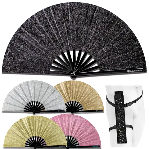 RAVEAHEM Handmade Bamboo & Fabric Sparkling Large Folding Fan with Holster - 63cm Open, 33cm, Portable, Room Decorations, Gifts for Him, EDM Party/Wedding Accessory, Statement Wall Piece