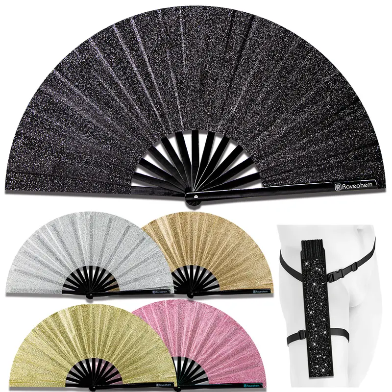 RAVEAHEM Handmade Bamboo & Fabric Sparkling Large Folding Fan with Holster - 63cm Open, 33cm, Portable, Room Decorations, Gifts for Him, EDM Party/Wedding Accessory, Statement Wall Piece
