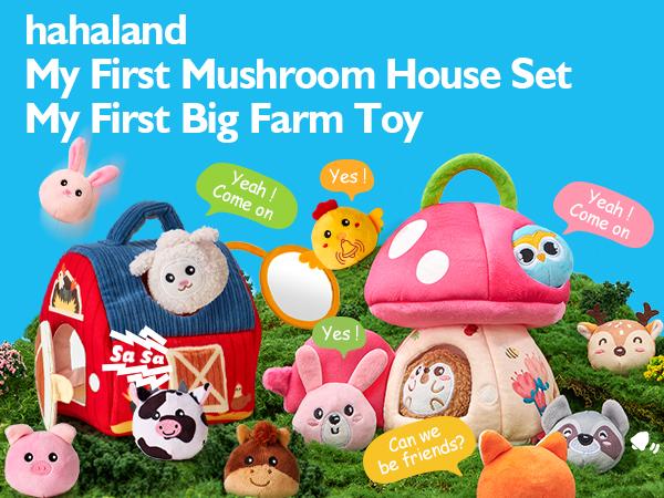 hahaland Surprise Barn with Stuffed Farm Animals/Bunny Mushroom:Rattle, Crinkle Paper, Mirror - Montessori Developmental toddler  Toys,Farm Plush Toys for Babies Travel Toy,For 0-3 Months/6-12  Months gift