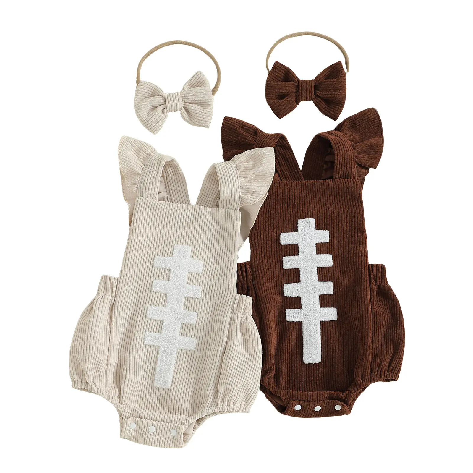 Infant Baby Girl Ruffle Sleeveless Football Embroidery Romper with Headband Outfits Set