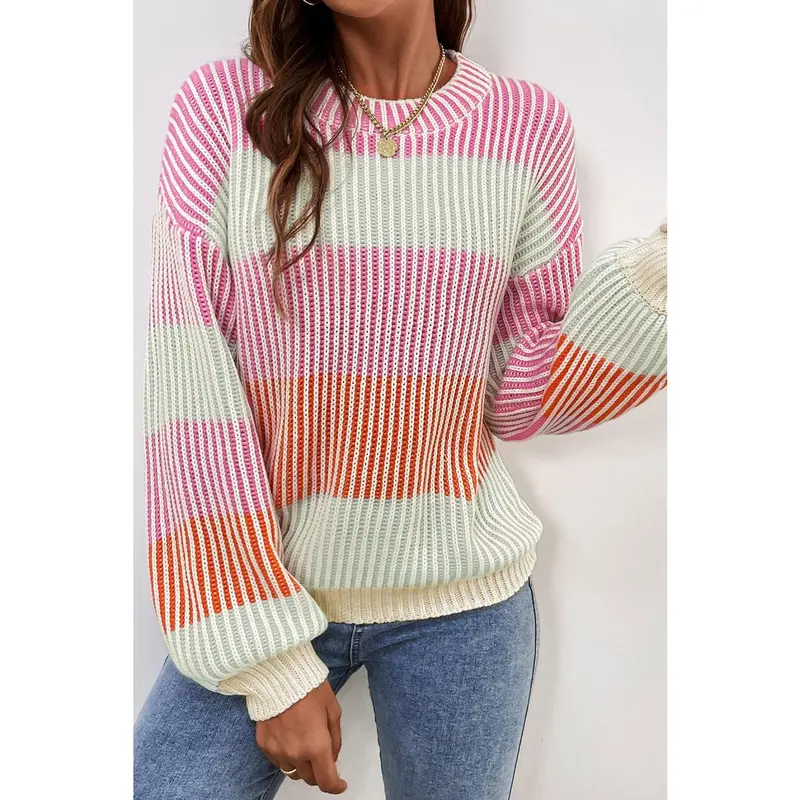 Pink Colorblock Textured Knit Bubble Sleeve Sweater