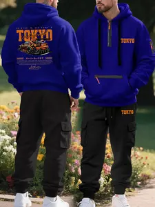 Men's Winter Hooded Jacket Sweatshirt Set, Menswear, Letter Car Print, Drawstring Pocket Pants, Casual Fitted Long Sleeve