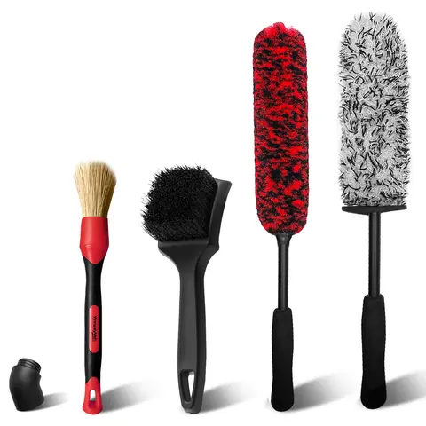 YeewayVeh Car Wheel Brush Set, 4 Pack Soft Microfiber & Scratch-Free Long Handle Wheel Tire Brushes with Detailing Brush for Car Vehicle Motorcycle Rim Tyre Fenders Engine Exhaust Tips Car Wash Kit Car Cleaning Brush Car Detailing Accessories