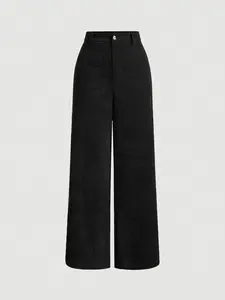 【Plus Size】 Solid Color Pocket Corduroy Pants, Casual Comfy Wide Leg Trousers for Daily Wear, Women's Bottoms for All Seasons