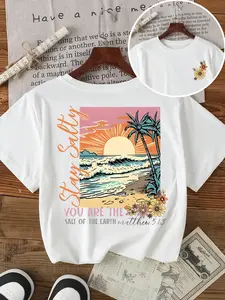 Women's Casual Loose Round Neck T-Shirt, Coconut Tree Wave Print, Soft Breathable Fabric, Perfect for Summer