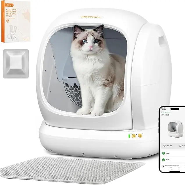 Meowant 75L Large Automatic Litter Box - Open Design, Low 6.8" Entry, Clumping Clay-Based, Pee Guard, Odor Control Solutions, 38db Motor Keeps Home Peaceful, Anti-Pinch, 1-Click Emptying, App-Controlled, Easy Installation for Multi-Cat Households