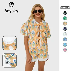 Aoysky Womens Floral 2 Piece Short Sets Summer Vacation Outfits Puff Sleeve Babydoll Blouse Ruffle Shorts Matching Set