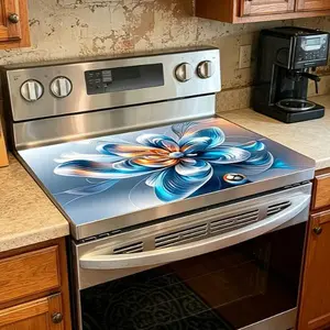 2D Flat, 1pc 2D/Flat Silvery and Blue Floral Stove Cover Protector, Metallic Flower Design Kitchen Protector for Special Occasions and Parties, Heatproof and Stylish.