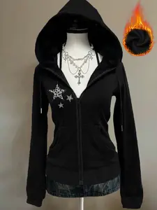 Women's Fall Winter Star Print Hooded Zipper Sweatshirt, Fleece Lined, Street Style, Warm Casual Wear, Trendy