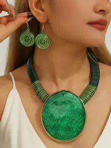 Trendy Fashion Statement Geometric Round Imitation Large Gem Necklace Earrings Set, Eye-Catching Jewelry Gift Idea