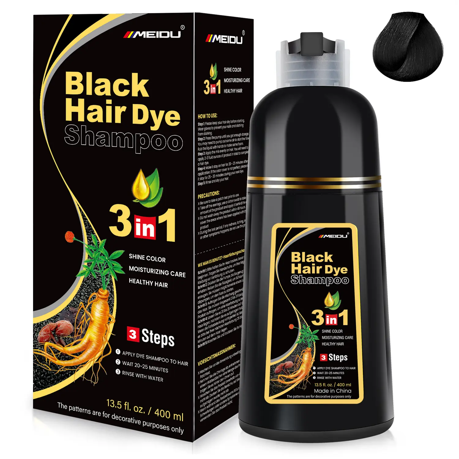 MEIDU 3-in-1 Natural Hair Dye Shampoo - Alcohol-Free Dyeshampoo, Herbal Ingredients, Ginseng Extract, Gray Coverage, Brown Hair Coloring, Adult Haircare Bottle (400ml)