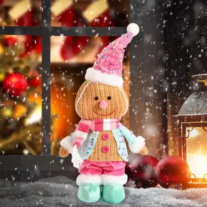 Artificial Gingerbread Man Statue with Pink Hat and Scarf - Soft Fabric Christmas Decoration Suitable for Tabletop, Fireplace or Holiday Party Centerpiece, No Power Required, Gingerbread Christmas Ornament, Festive Tabletop Decoration