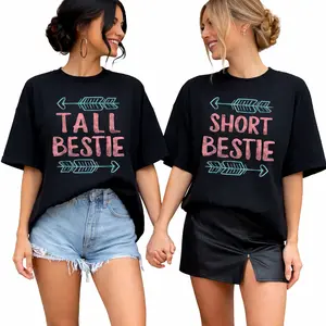 Made In USA, (1 Shirt Only) Best Friends Shirt,  Matching Tall Short Bestie Birthday BFF Besties T-Shirt, 100% Cotton TShirts For Women, Summer Clothes, Breathable, Comfortable,Going Out Summer Tops