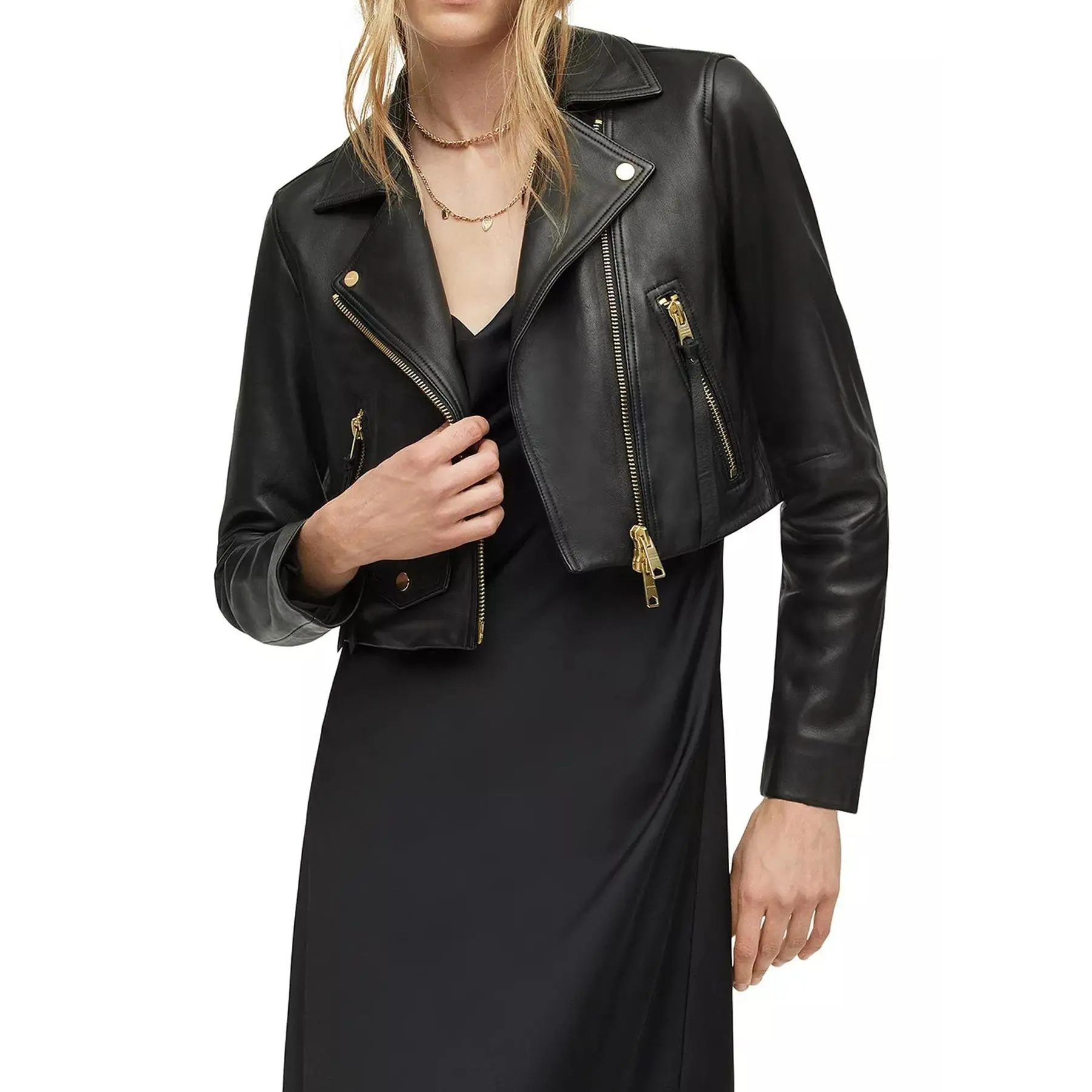 Womens Short Length Black Biker Leather Jacket