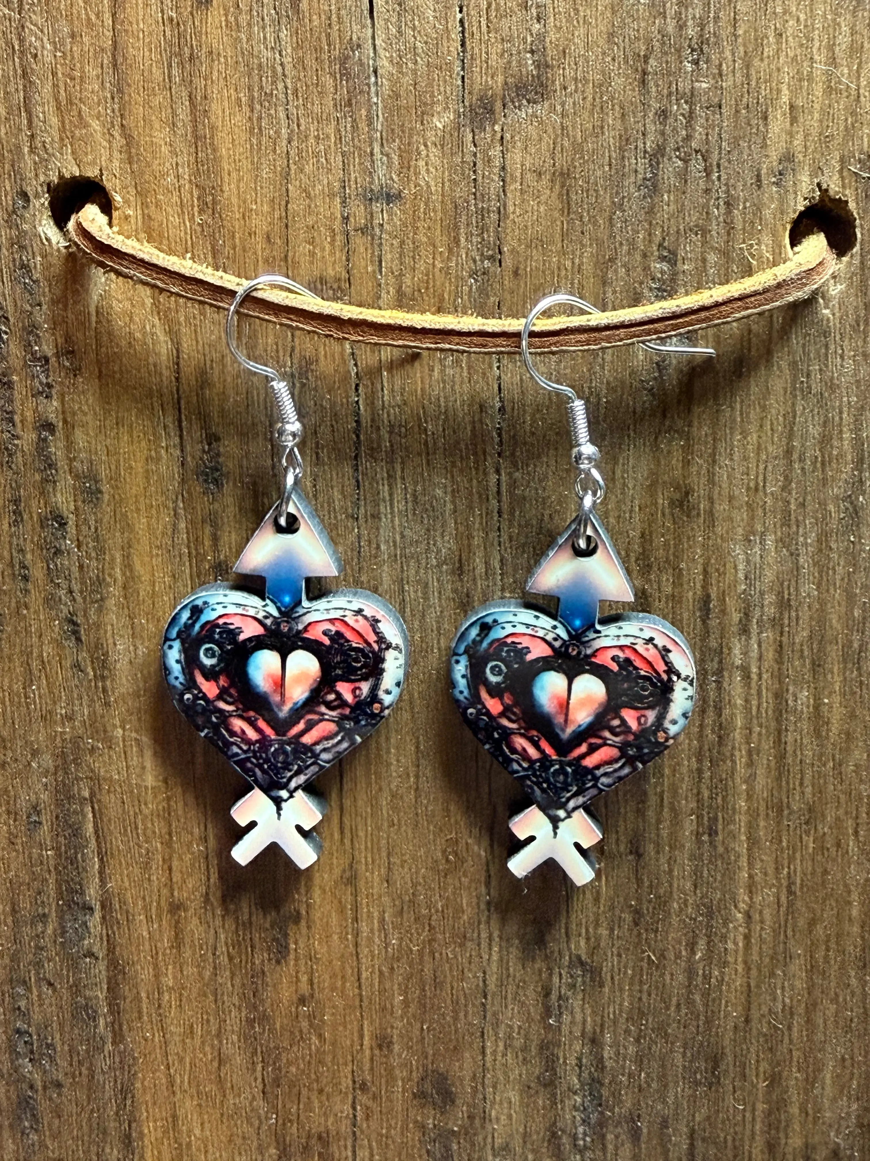 Steampunk Heart Wood Earrings — Nickel-Free Metal, Vintage Industrial Charm