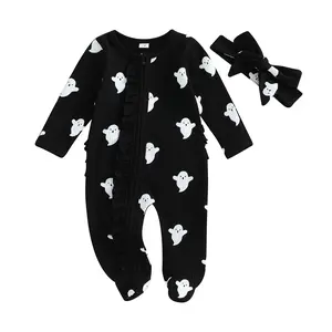 REDWOON Newborn Baby Girl Halloween Outfit Ghost Romper Jumpsuit Long Sleeve Footie Fall Clothes with Headband