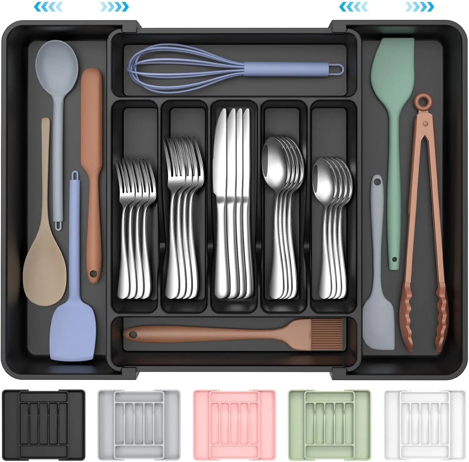 Expandable Silverware Organizer, Plastic Utensil Tray for Kitchen Drawer, BPA Free Flatware Cutlery Holder, Space-Saving Storage for Spoons Forks Knives, 8.5-14 x 12 x 1.5 inch, Black