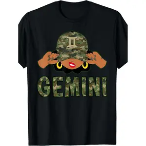 Gemini Queen with Camo Cap Afro Girl Zodiac TShirt Men's Plus Size Round Neck Machine Washable Gift Top for Daily Activities Crew Neck Drop Shoulder - Versatile