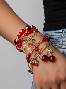 Women's Sweet Cherry Heart Tassel Bracelet Set, Beaded Layered Design, Charm Bracelet, Perfect Gift for Birthdays & Holidays, Stackable Bracelets