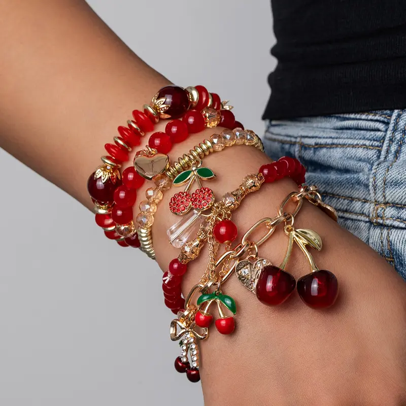 Women's Sweet Cherry Heart Tassel Bracelet Combination Set, Beaded Layered Design, Charm Bracelet, Fashionable Bracelet, Stacking Bracelet, Perfect Gift for Birthdays & Holidays, Stackable Bracelets