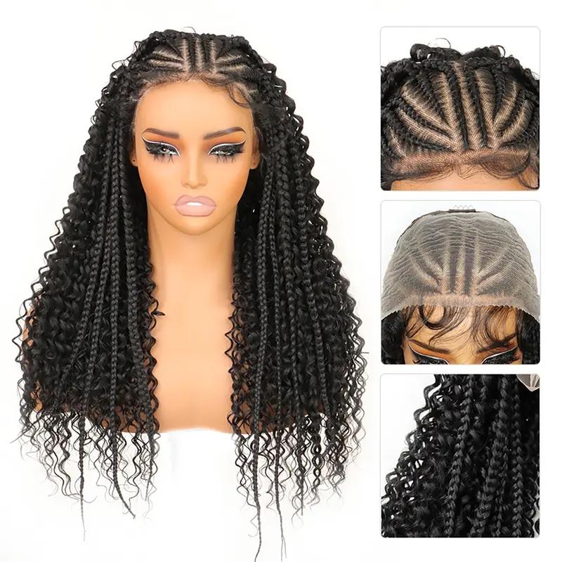 13X6 HD Lace Frontal Half Braided Curly Wigs Synthetic Half-Cornrows Half-Curly Wig with Baby Hair Pre Styled Braid Wigs,18Inch