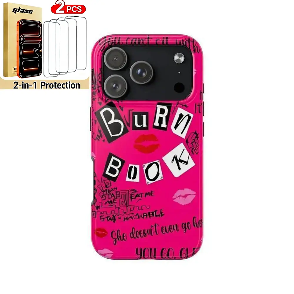 Pink Burn Book Shockproof Cellphone Case - Polycarbonate & Tough Rubber Casing-Cover with Resistance, Tempered Glass Screen Protection Device Accessory, Compatible with iPhone 17,16,15,14,13,12,11 Pro Max, Wireless, Screen Protector