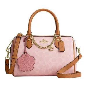 COACH Rowan 25 Satchel with Gold Hardware and Coated Canvas in Pink for Women