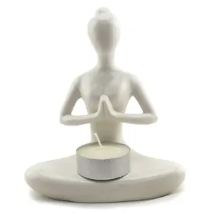 Ceramic Candle Holder - Yoga Lady Prayer - White