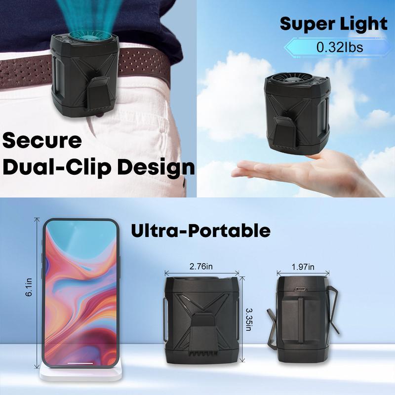 Portable Fan Rechargeable,4 Speeds Strong Airflow Small Fan Waist,Battery Powered,for Travel Camping Outdoor Jobsite,Camping Essentials-Black
