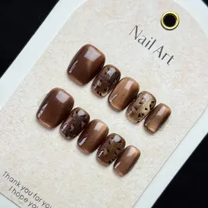 Luxury Nail Freedom! Coffee Brown Cat Eye Exquisite Hand-Painted Leopard Print Press On Fake Nails, Reusable, Get Baddie Nails In 5 Mins, No Salon Needed