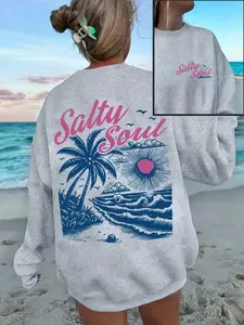 Vintage 90s Babe Letter Print Fleece Pullover, Casual Holiday Style Round Neck Sweatshirt, Thick Fabric Loose Fit