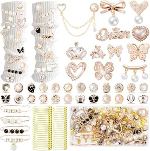 80pcs Junk Socks Charms Kit, Gold Brooches and Pins for Women,Pearl and Rhinestone Shoe Charms with Safety Pins for Hat Clothes Bags